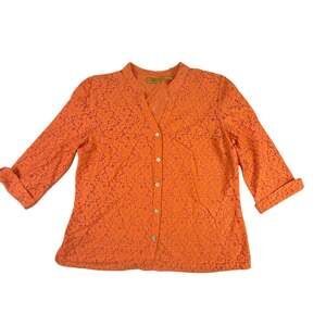 Valerie Stevens Orange Floral Lace Button Up 3/4 Sleeve Blouse Size Large
